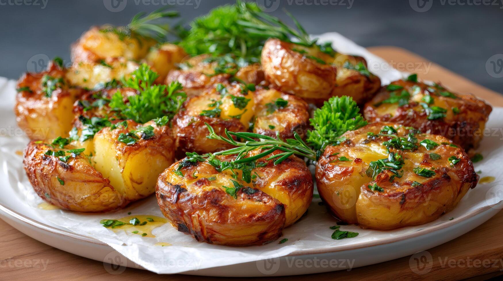 Smashed roasted potatoes with rosemary and parsley lying on baking paper photo