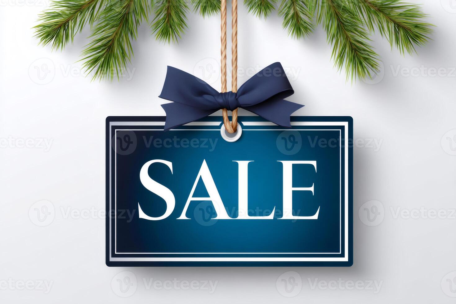 Christmas sale label hanging from fir tree branch with blue ribbon photo