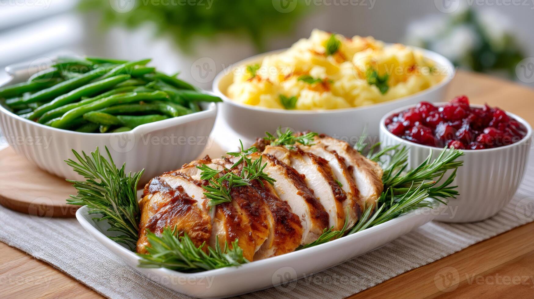 Sliced roasted turkey breast with mashed potatoes, green beans and cranberry sauce garnished with rosemary for Thanksgiving dinner photo