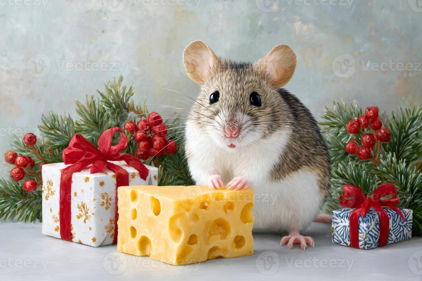 Cute mouse holding cheese near christmas presents and fir branches photo