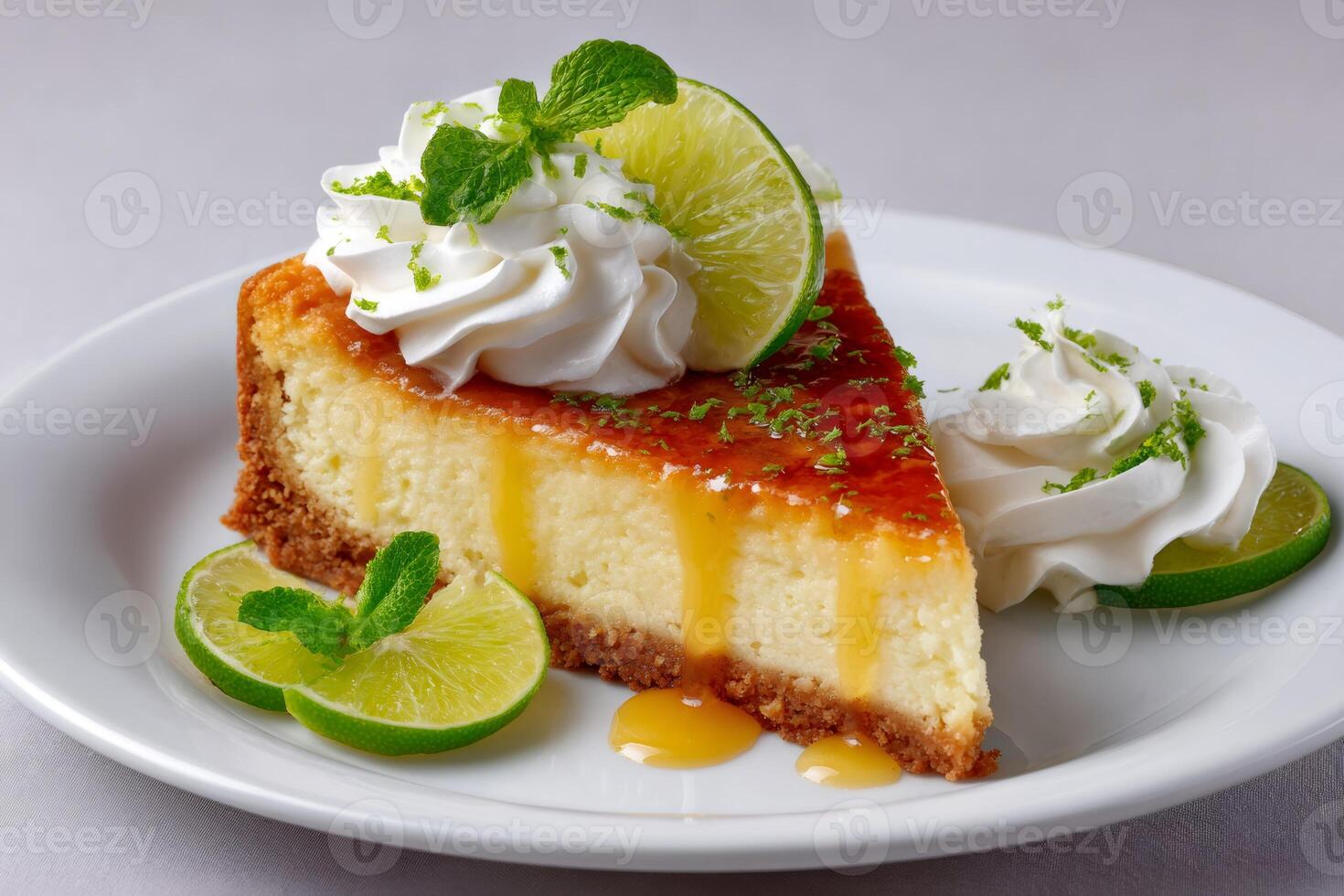 Slice of key lime pie with whipped cream and lime zest topping photo