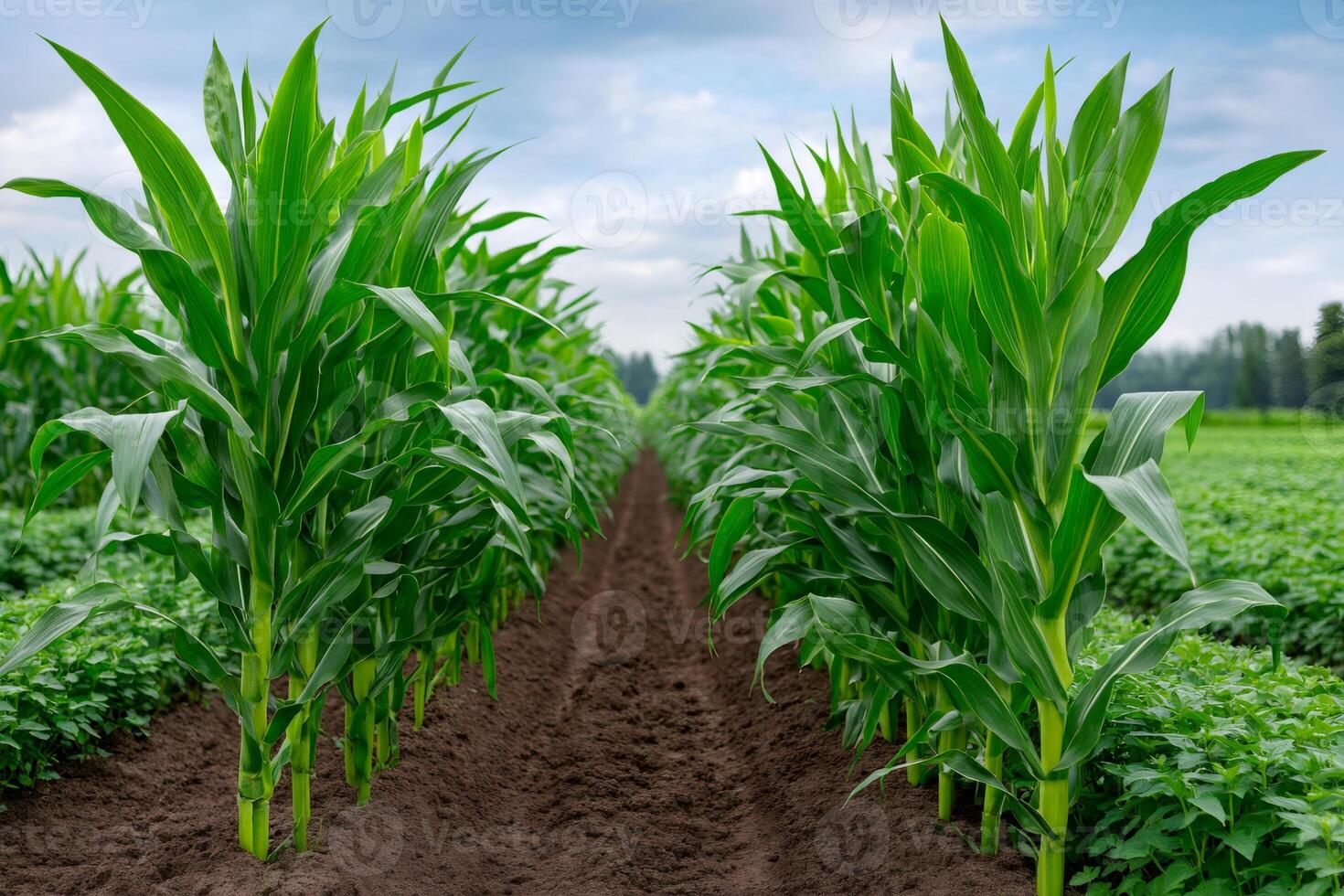 Lush rows of corn plants growing in a field under a cloudy sky photo