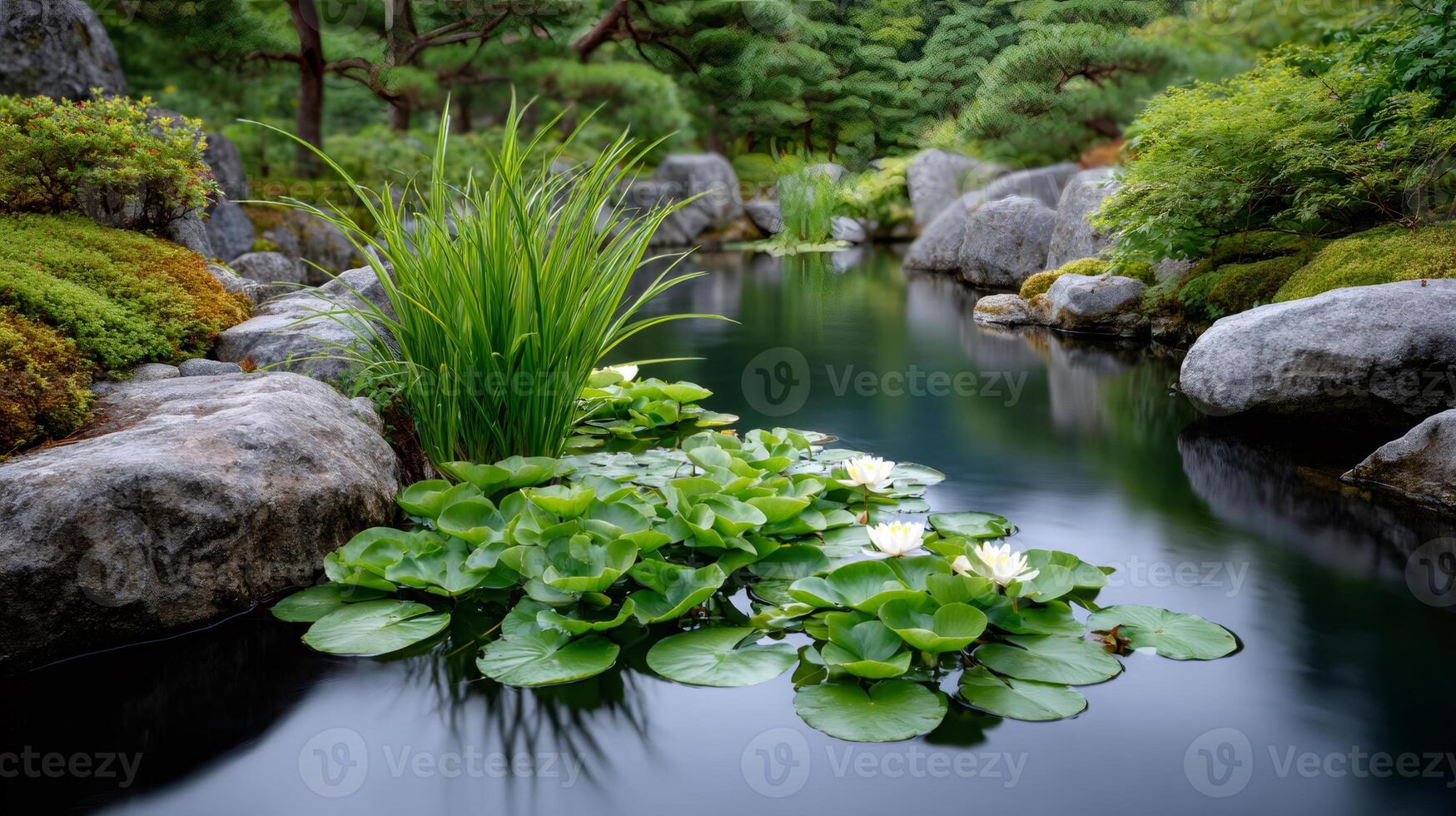 Water lilies floating on a pond in a Japanese garden with grass and rocks photo