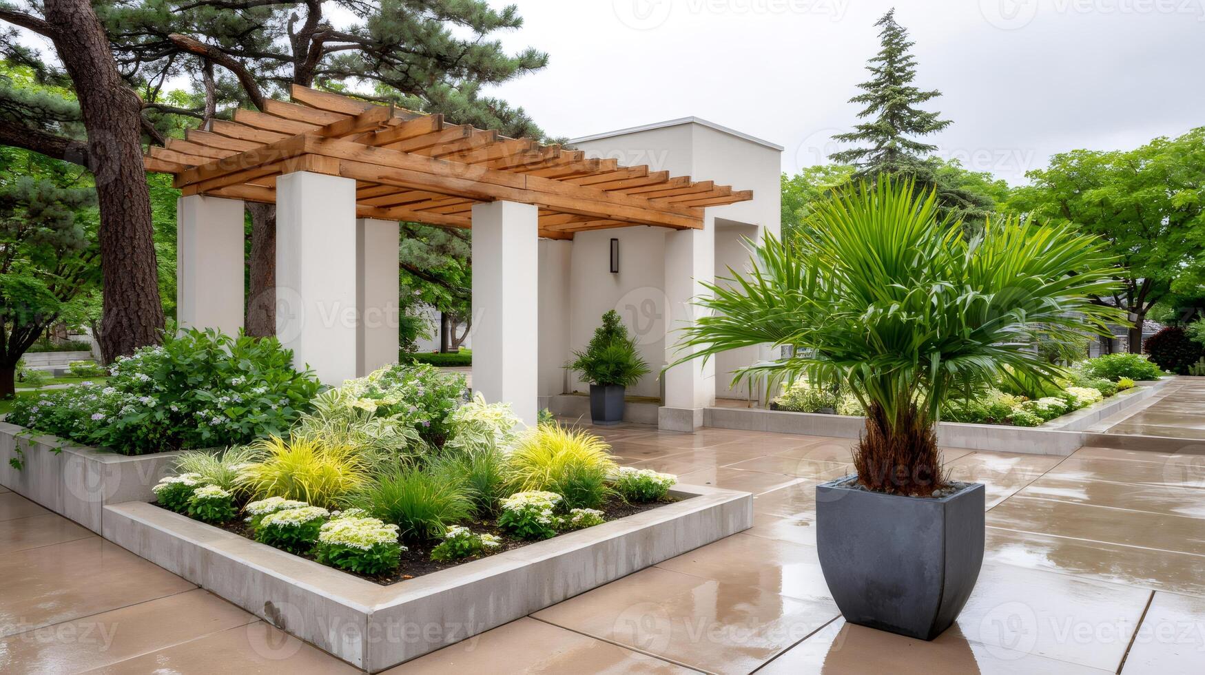 Wooden pergola providing shade in a modern courtyard garden after rain photo