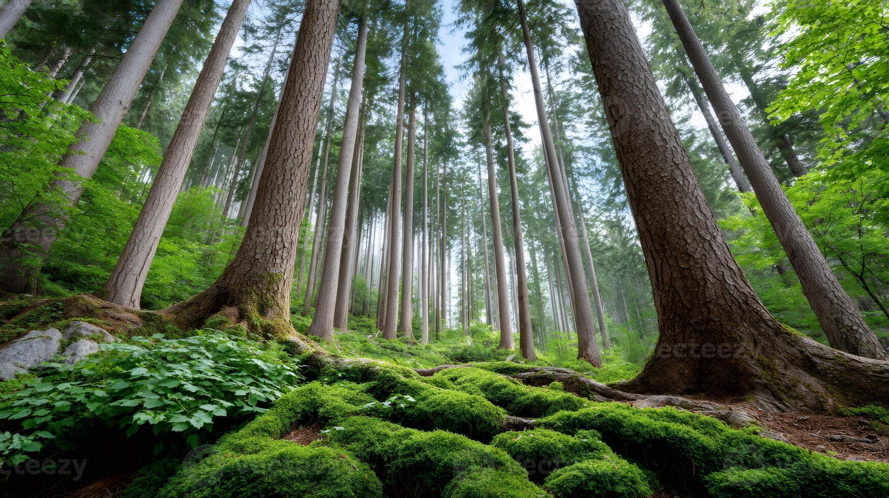Lush green moss covering forest floor in majestic pine tree forest photo