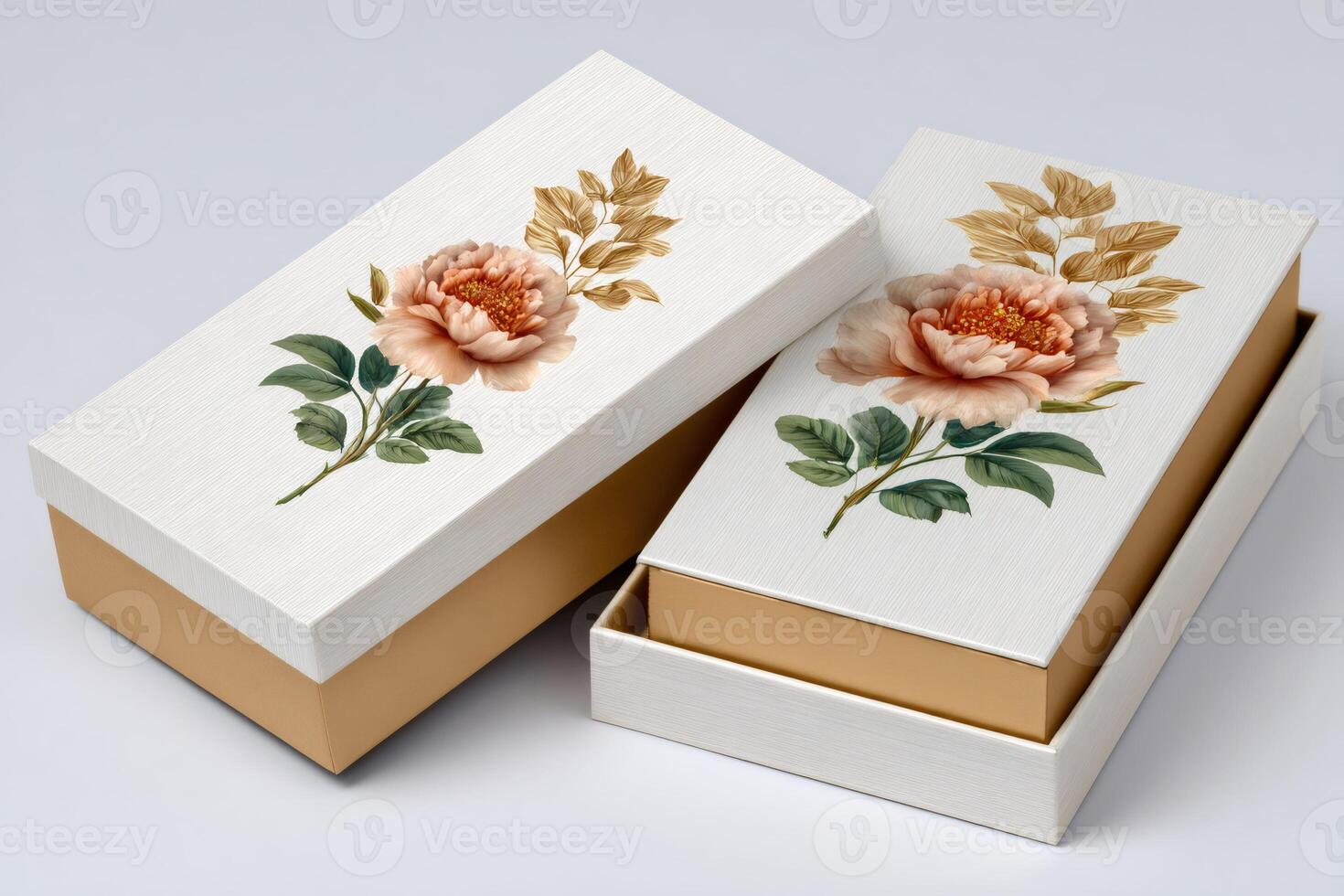 Two stylish gift boxes with a delicate floral pattern, perfect for presenting a special gift photo