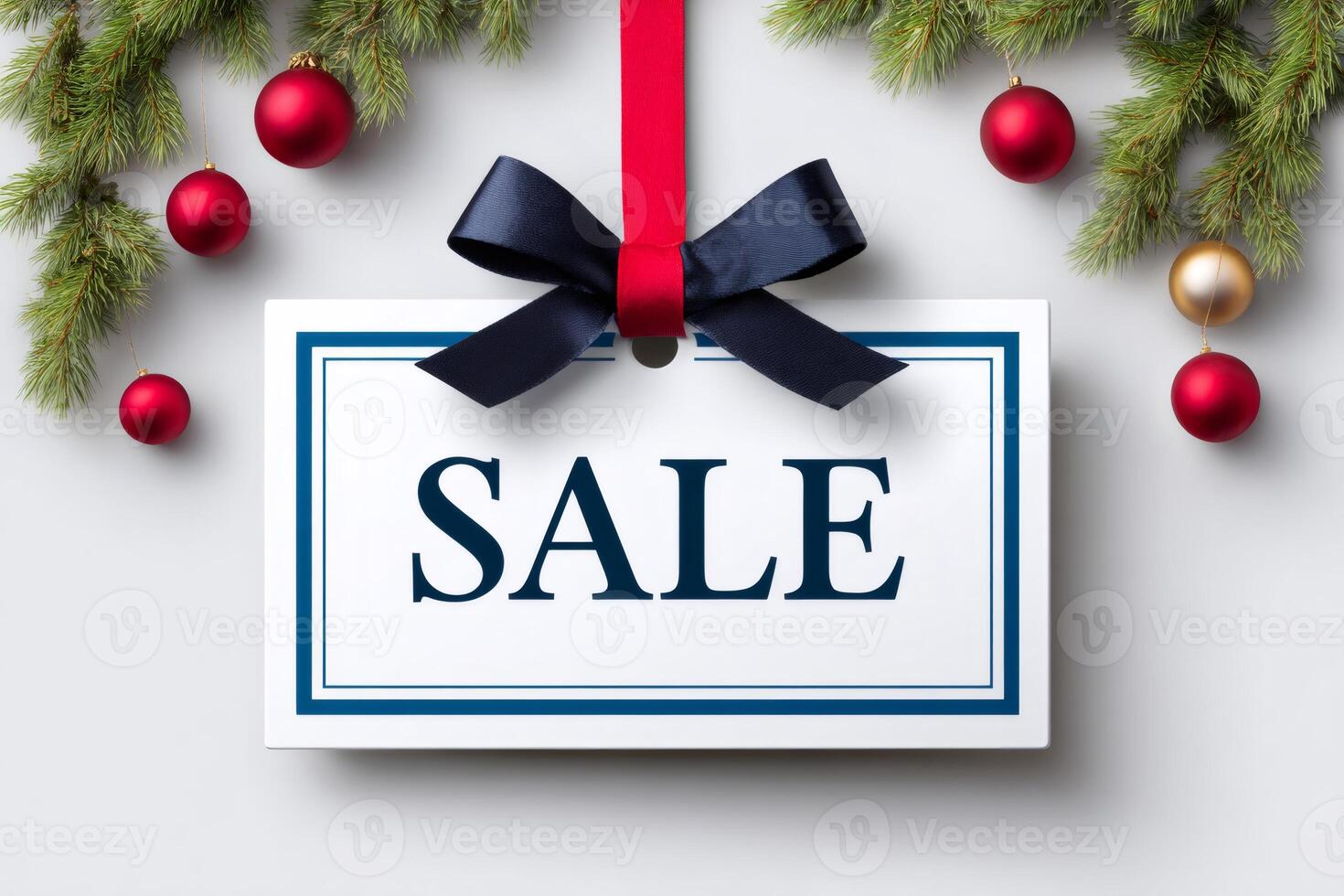 Christmas sale sign hanging with red ribbon and baubles decorations photo