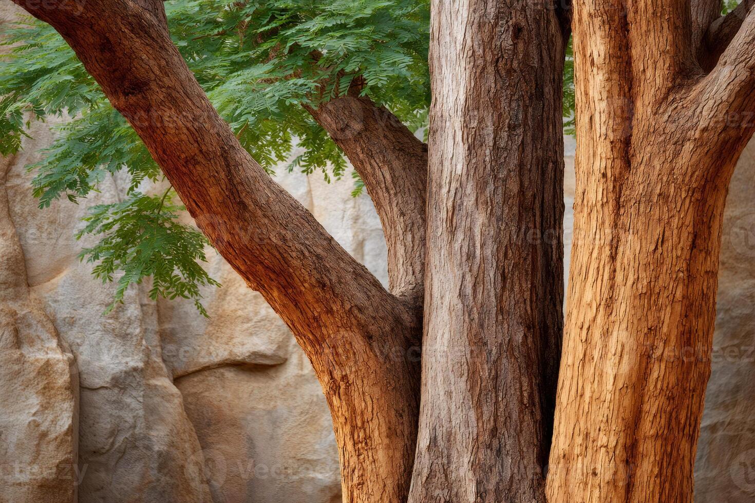 Majestic tree growing near a rock formation in the desert photo