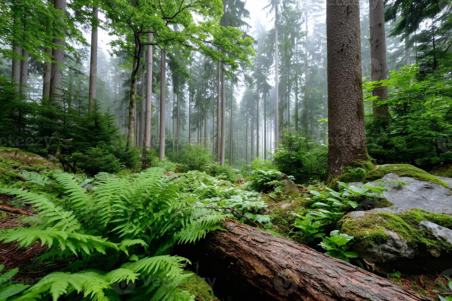 Lush green ferns growing in foggy forest.. photo