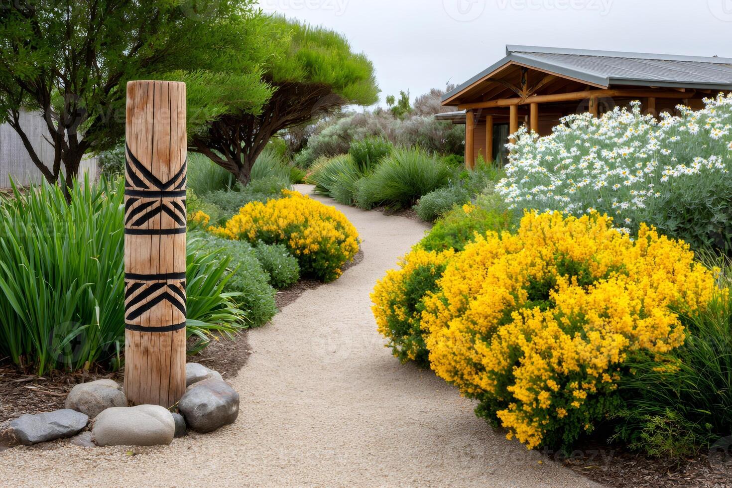Gravel path winding through native australian garden with carved wooden post photo