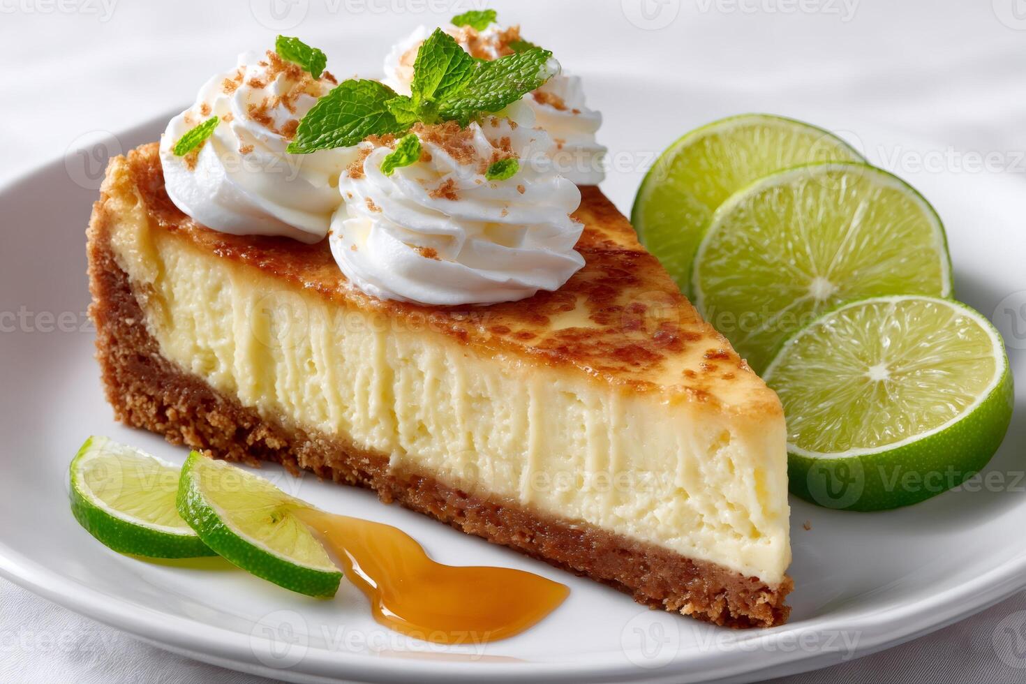 Key lime pie slice with whipped cream and lime slices on white plate photo