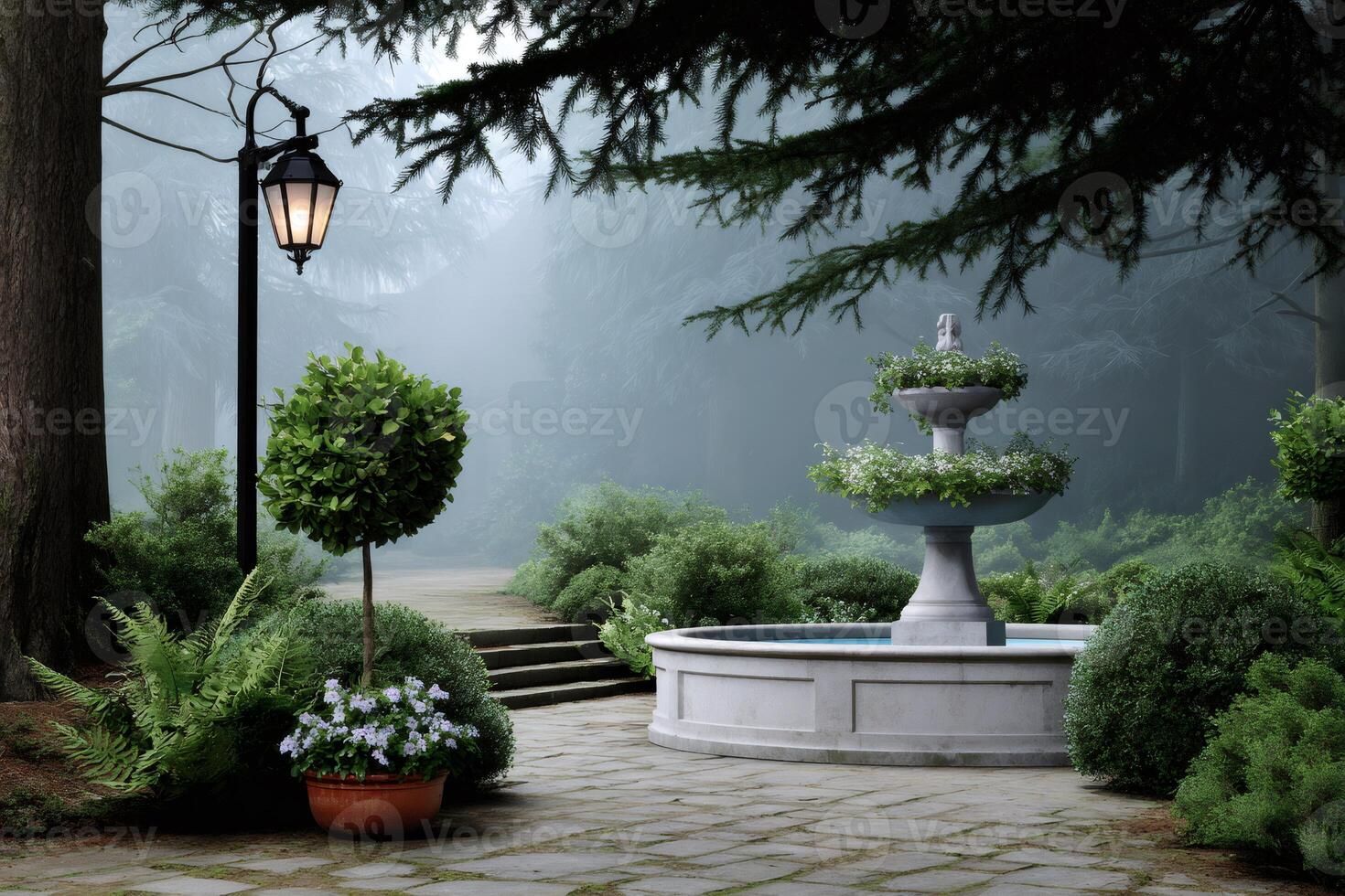 Fog enveloping a scenic garden with a fountain, topiary, lamppost and stone pavement photo