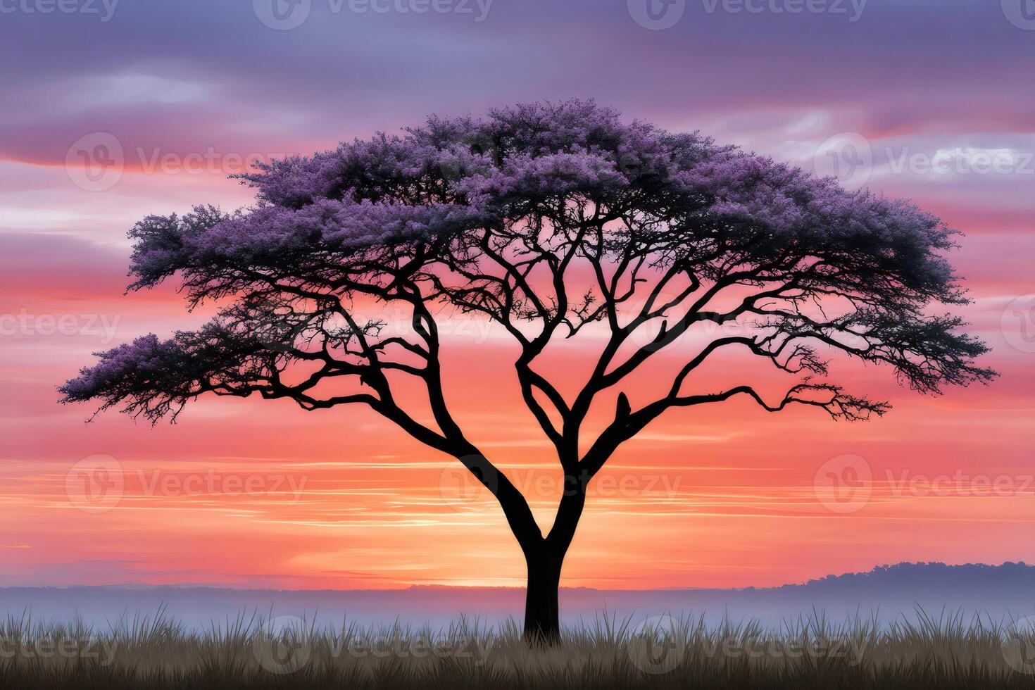 Acacia tree with purple flowers growing in african savanna at sunset photo