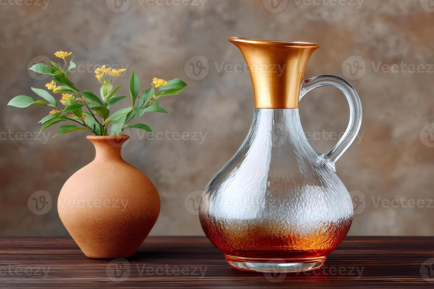 Elegant glass jug with golden rim and ceramic vase containing yellow flowers standing on wooden table photo