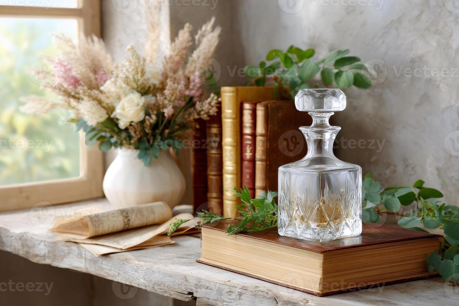 Crystal decanter resting on a book with old books and flowers illuminating a cozy reading nook photo