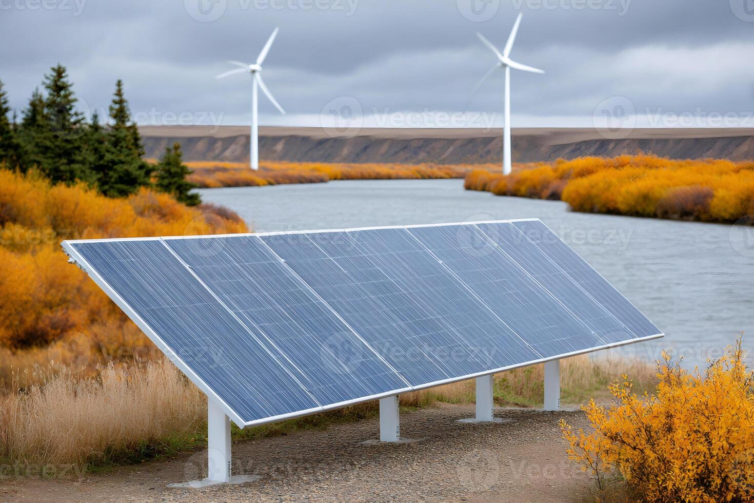 Solar panel and wind turbines generating sustainable energy near a river photo