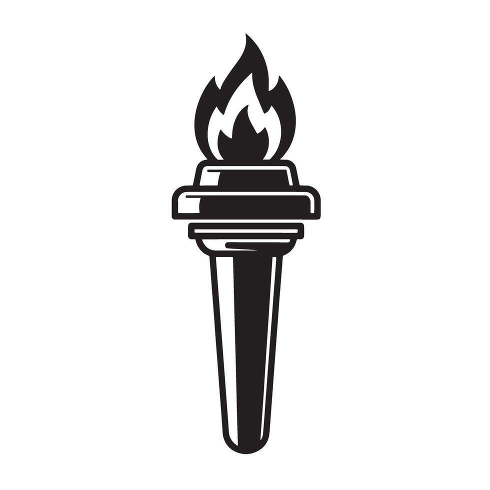 Simple black and white silhouette illustration of a burning torch symbolizing guidance and enlightenment and justice vector