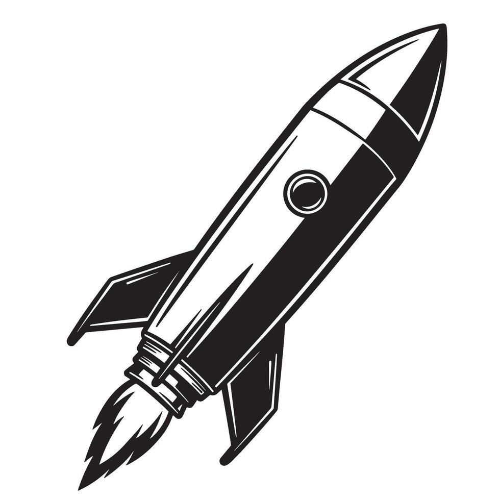Classic black and white vintage art silhouette of a rocket ship ready for launch vector