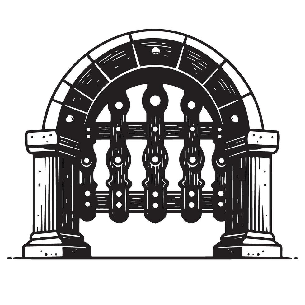 Intricate vintage art silhouette of an ancient gate structure with detailed architectural elements vector