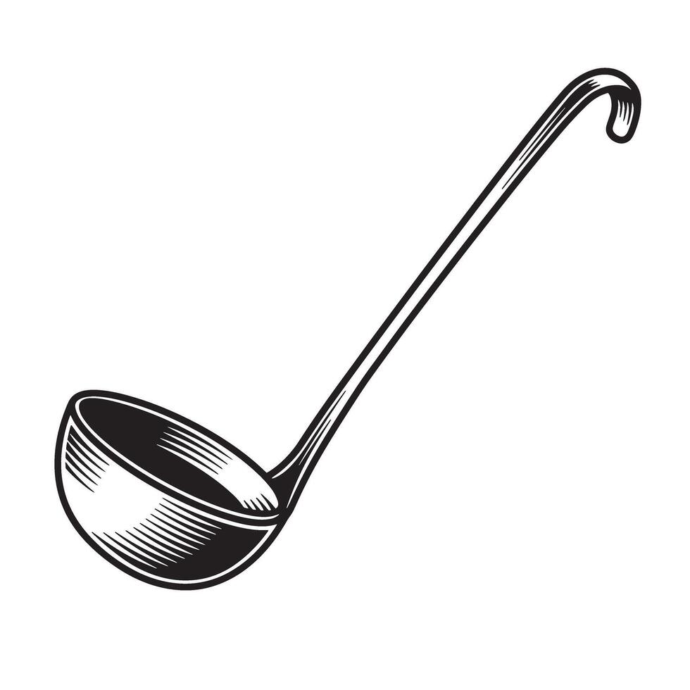 Vintage black and white ladle illustration in hand drawn art style on a white background vector