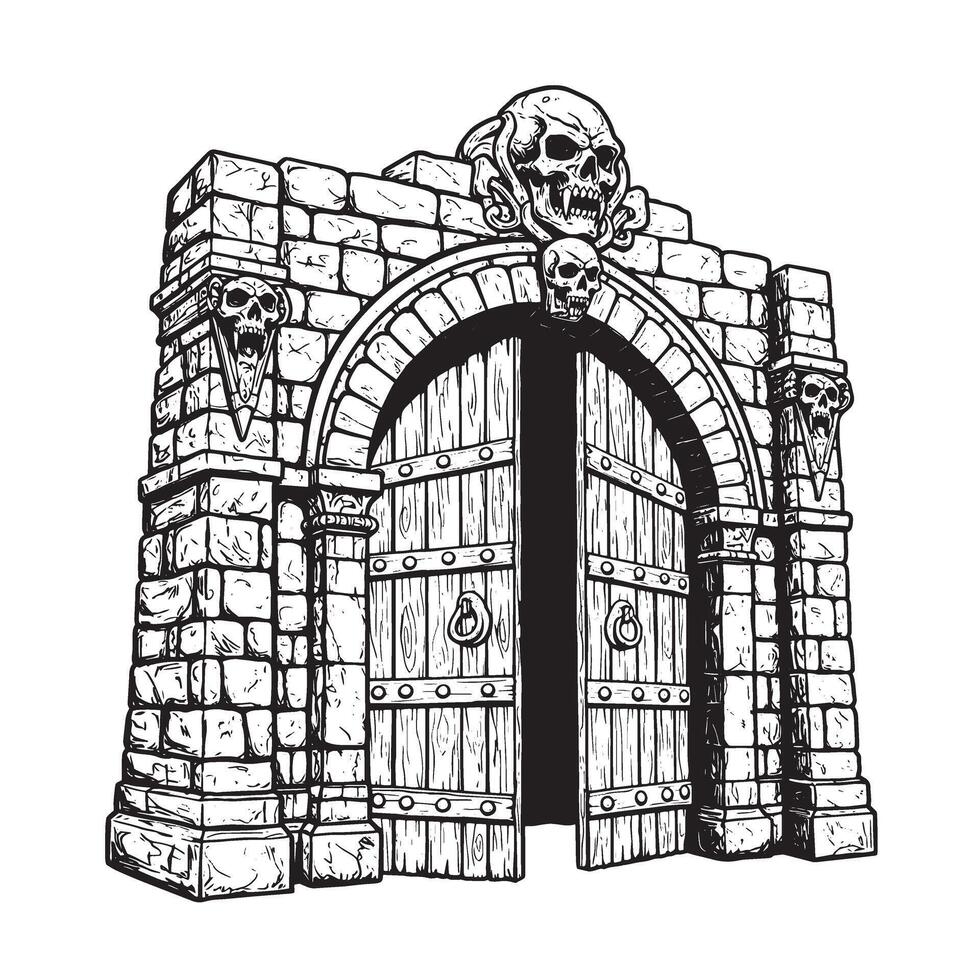Spooky castle entrance with wooden doors and skull embellishments vintage art silhouette vector