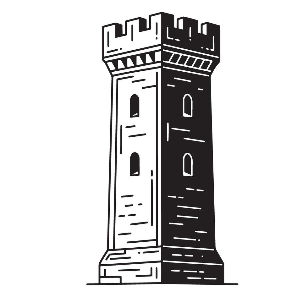 Classic vintage art silhouette of medieval castle tower in black and white illustration vector