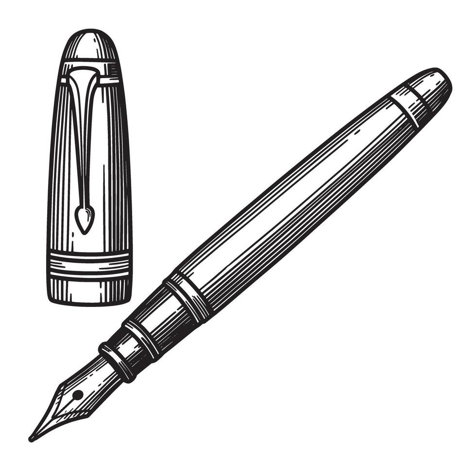 Detailed vintage art illustration of a classic fountain pen with cap and nib vector