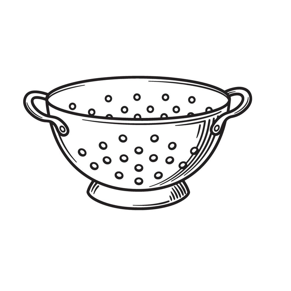Vintage art silhouette illustration of a kitchen colander for food preparation and culinary design projects vector