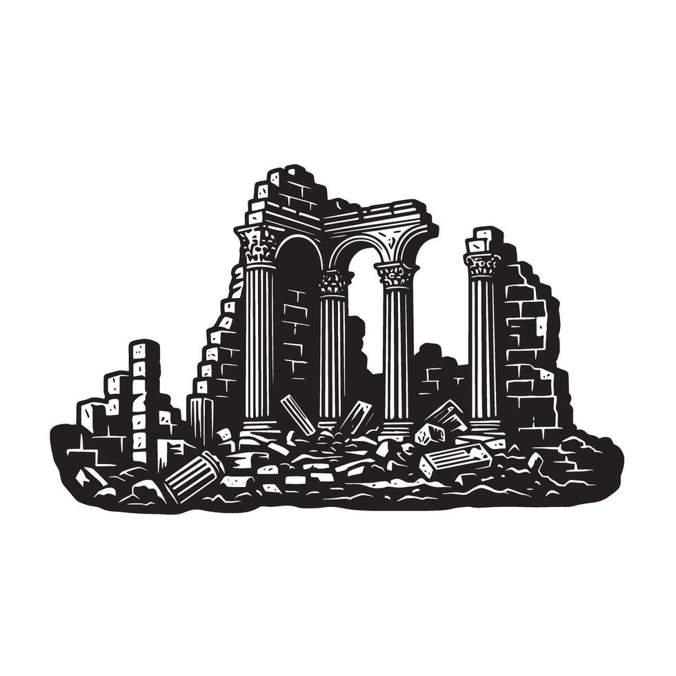 Ancient roman ruins illustration featuring columns and architectural details in black and white vector