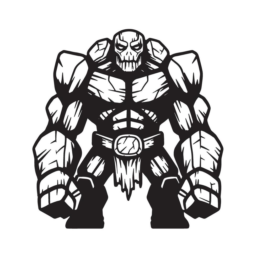 Powerful silhouette illustration depicting a stone golem character designed with a skull face and a stone texture appearance. vector