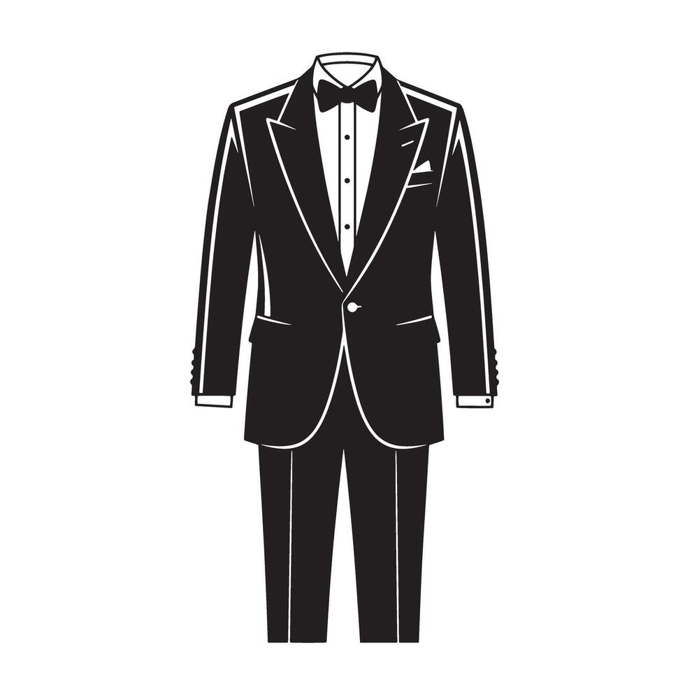 Elegant black and white vintage art silhouette of a formal tuxedo and bow tie outfit for events vector