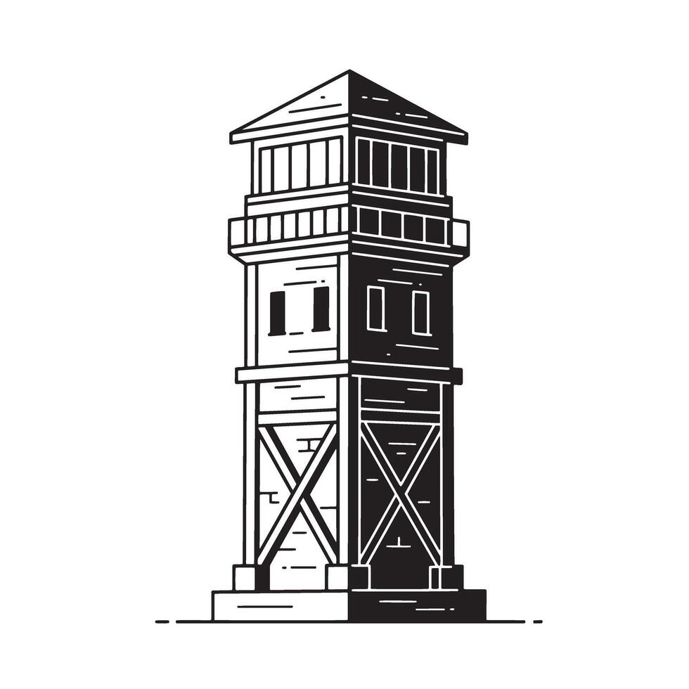 Vintage art silhouette of a tall wooden watchtower illustration in black and white vector