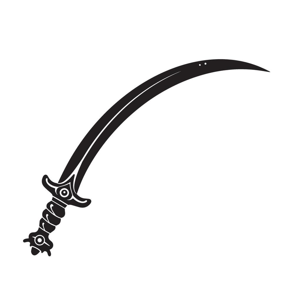 A striking black and white vintage art silhouette illustration depicting a detailed curved scimitar sword design vector