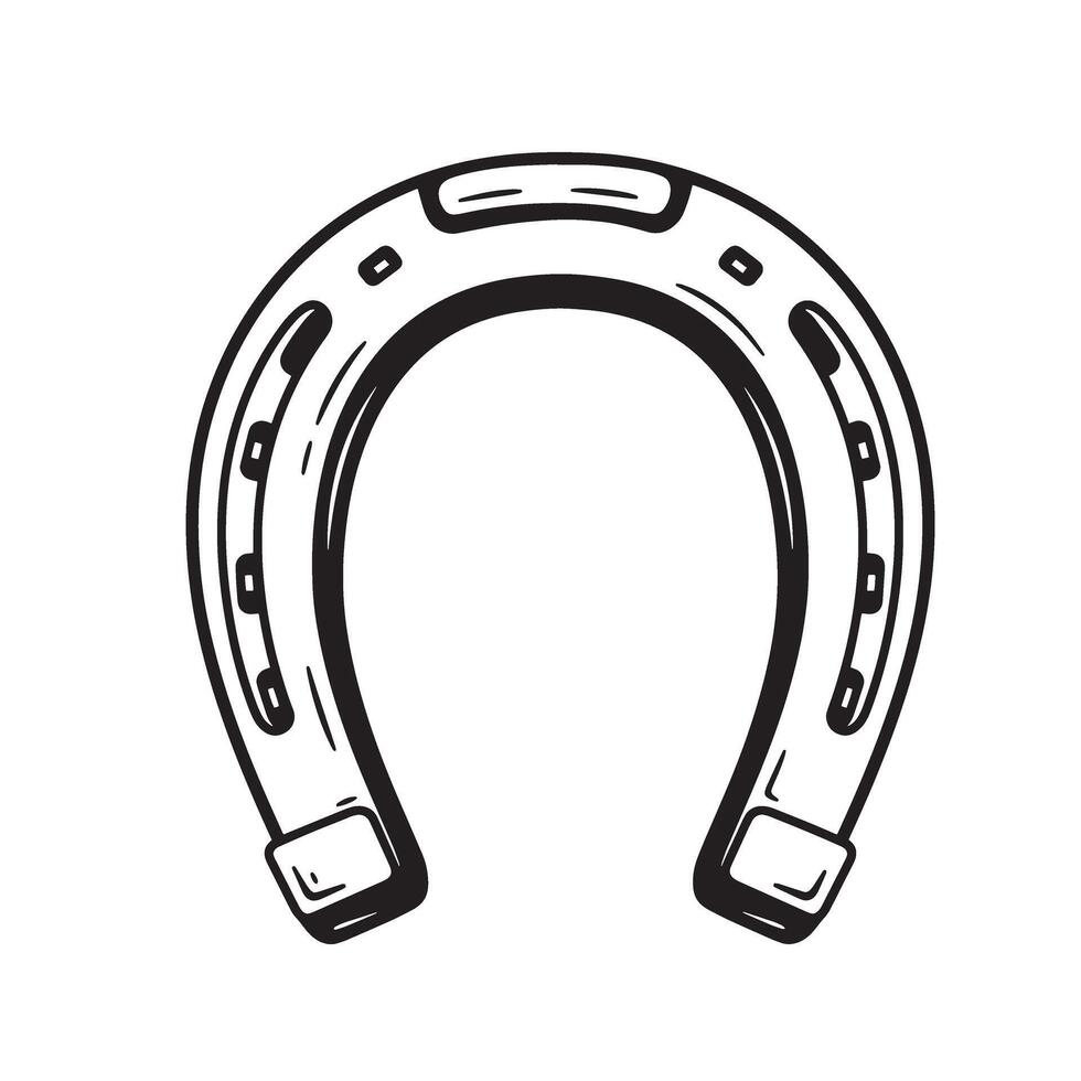 Vintage art style illustration of a detailed black and white horseshoe symbol against white vector