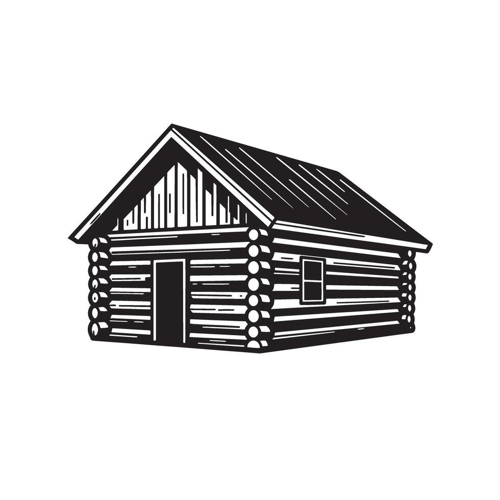 Classic vintage art silhouette of a rustic log cabin building with simple door and window illustration vector