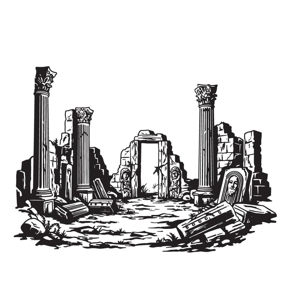 Ancient roman ruins illustration in vintage art style featuring columns and architectural remains vector