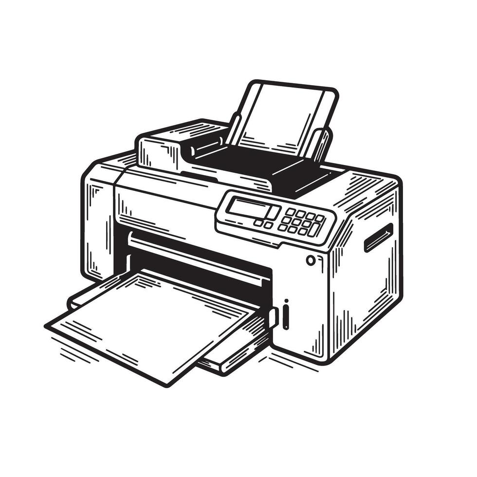 Illustrated vintage art monochrome printer depicting printing machine and office technology equipment vector