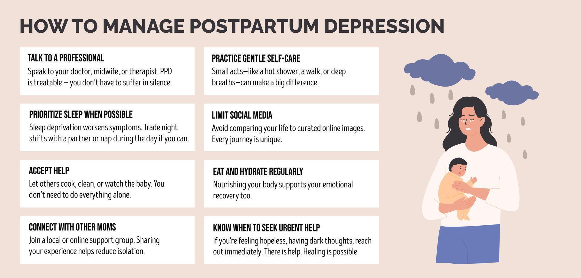 Mother coping with postpartum depression with practical tips for mental health support. Educational infographic banner on maternal wellbeing. Flat Style Illustration. vector