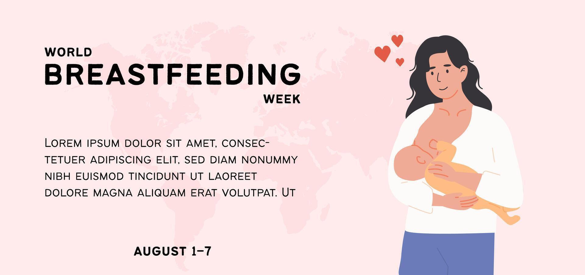 Mother breastfeeding baby to celebrate World Breastfeeding Week. Educational banner template for lactation awareness and maternal health support. Flat Style Illustration. vector