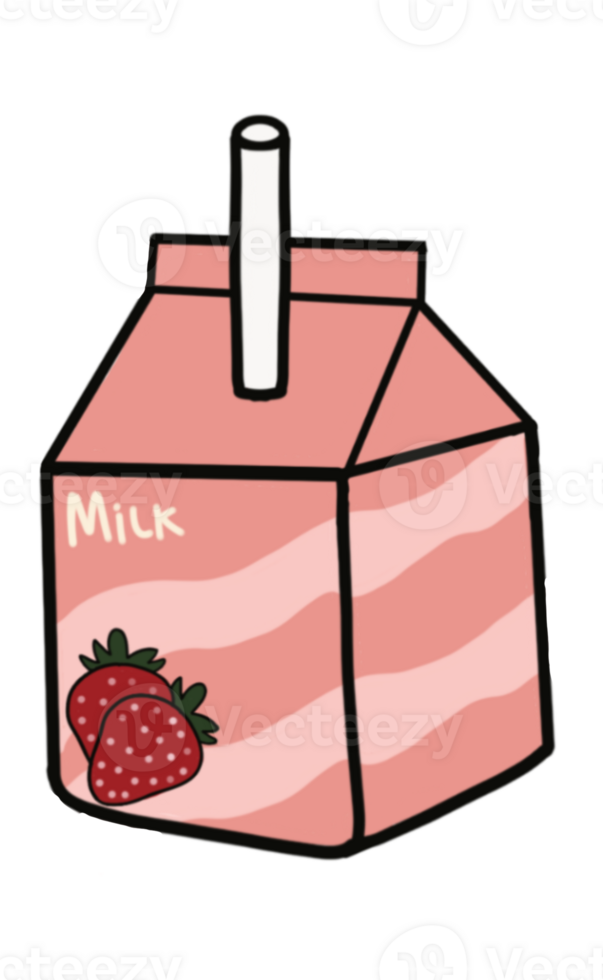 Cute hand-drawn strawberry milk carton with straw. Pink kawaii drink box illustration, perfect for food-themed designs, stickers, packaging, and digital art projects. png