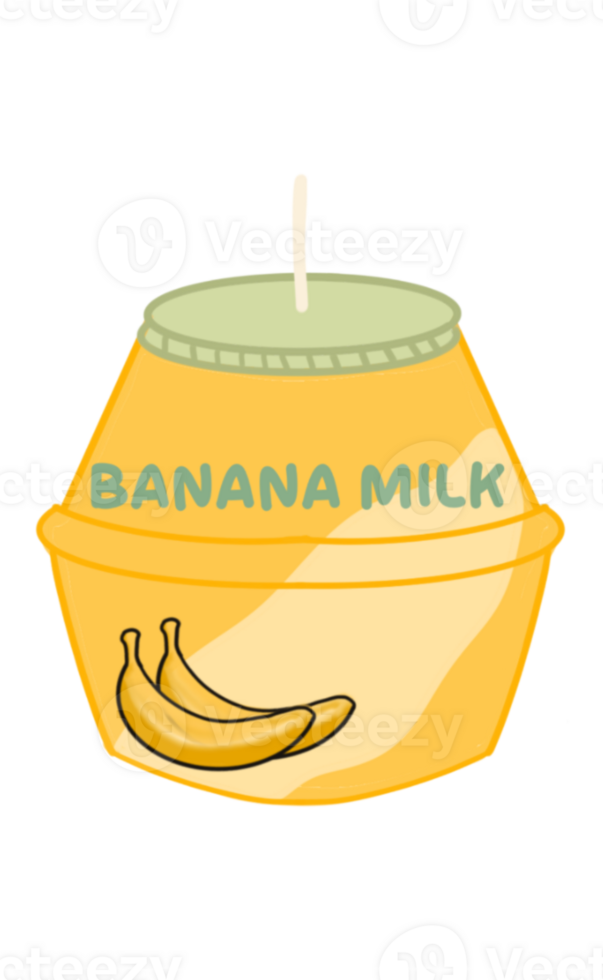 Cute hand-drawn banana milk bottle with straw and banana illustration. Fun and playful cartoon drink design, ideal for kids projects, stickers, packaging, and food themed graphics. png