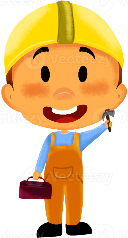 Adorable boy character dressed as a construction worker with a yellow safety helmet, orange overalls, holding a hammer and toolbox png