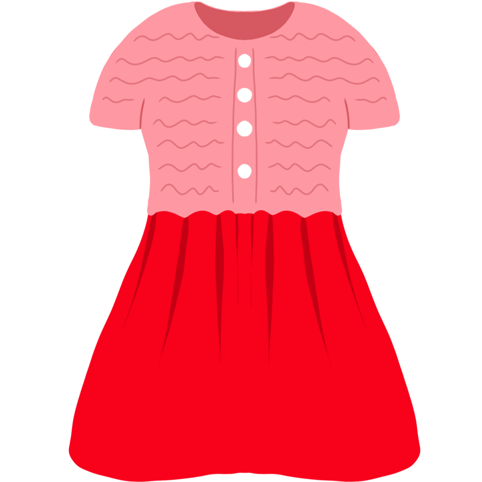 Cute pink and red dress illustration with button details and wavy patterns png