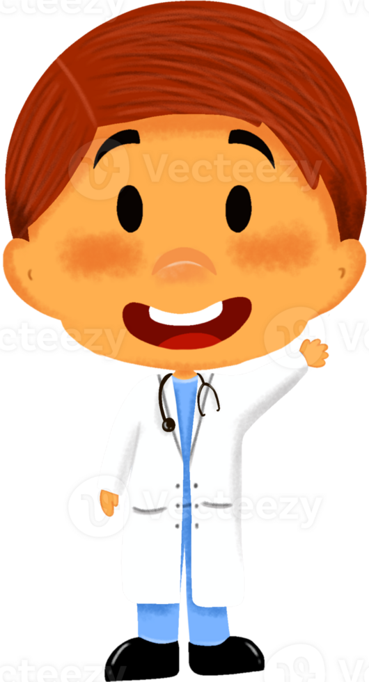 Cute boy cartoon character dressed as a doctor, with a white coat and stethoscope png