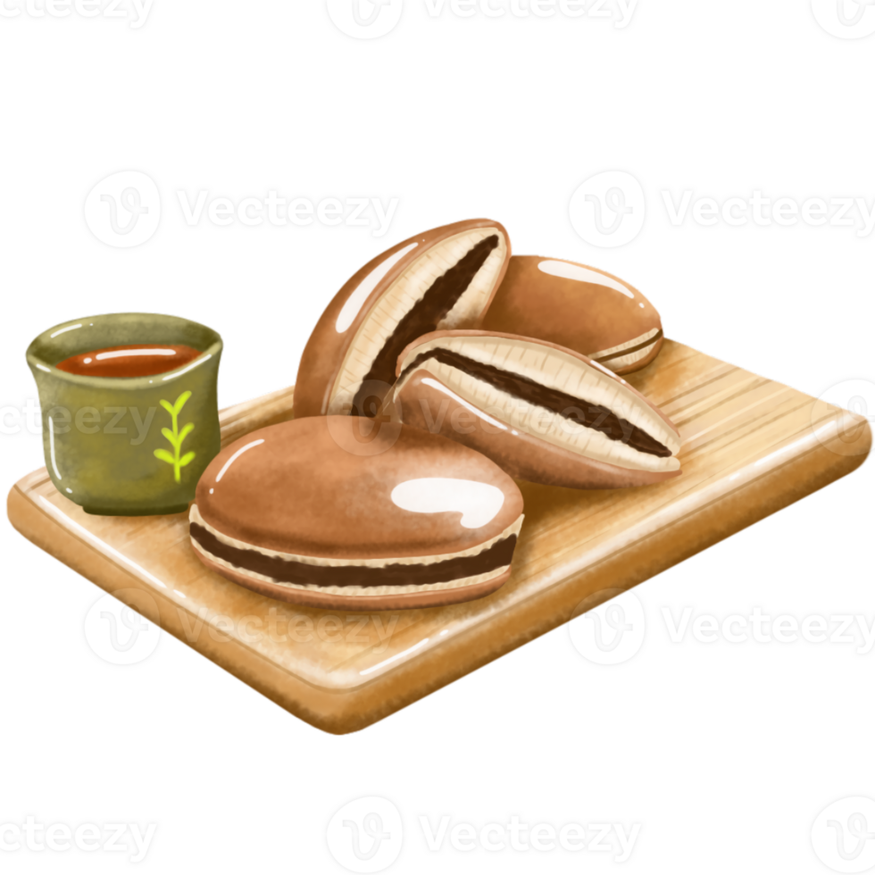 Pancake of dorayaki and hot tea png