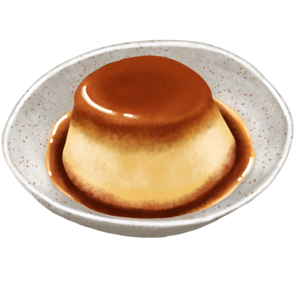 Pudding caramel dessert in a white bowl png