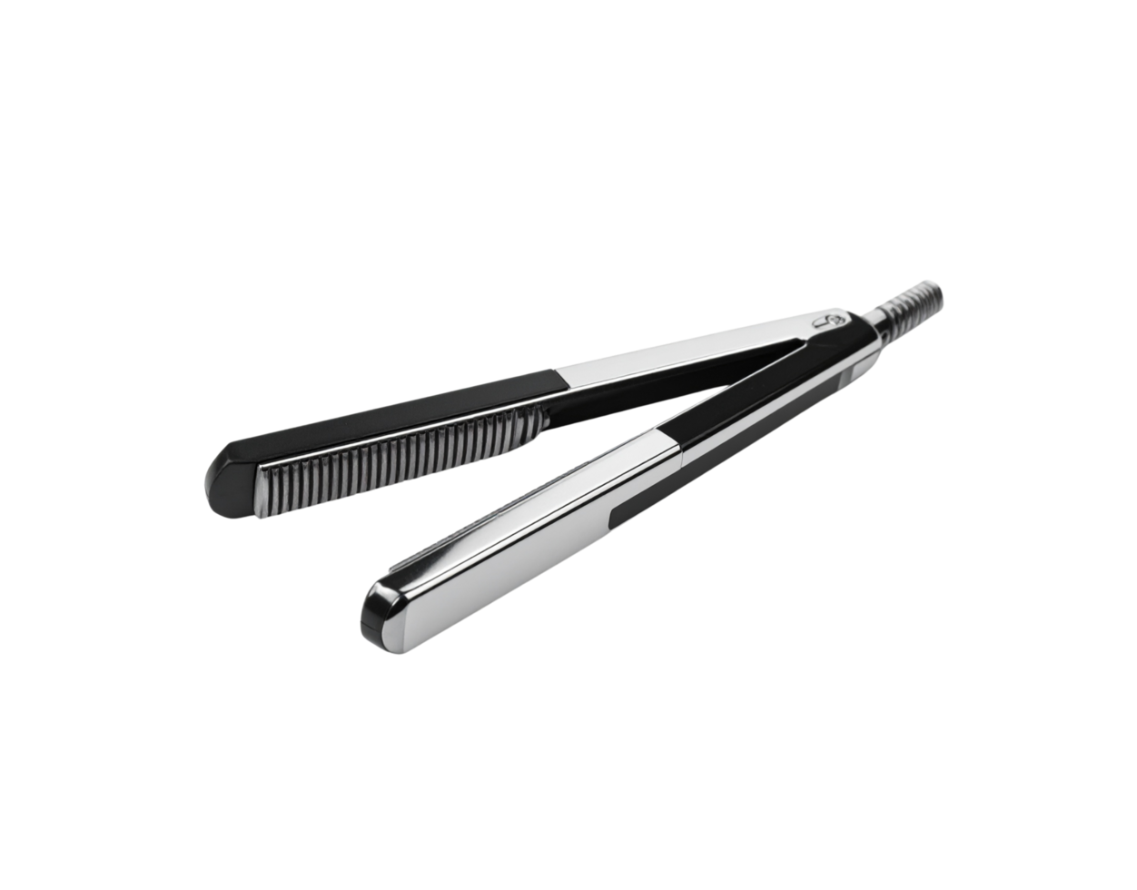 Sleek Black and Silver Folding Hair Straightener with Textured Plates. png