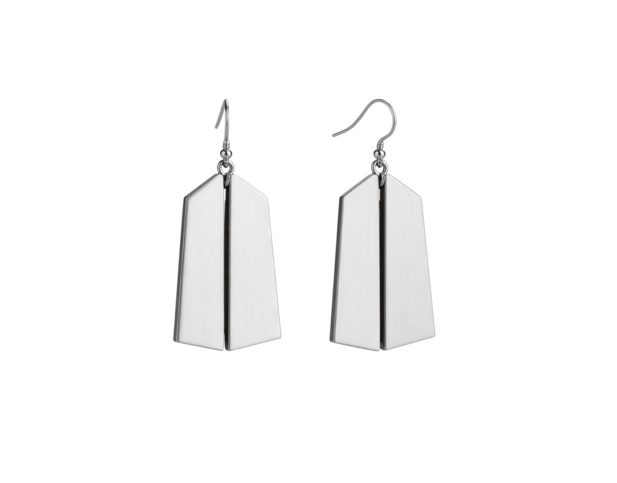 Elegant Brushed Silver Trapezoid Drop Earrings with Hook Clasps. png