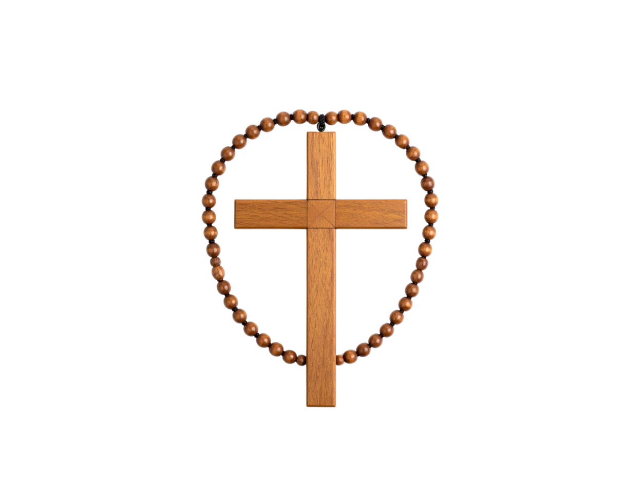 Brown Wooden Cross with Circular Wooden Bead Rosary. png