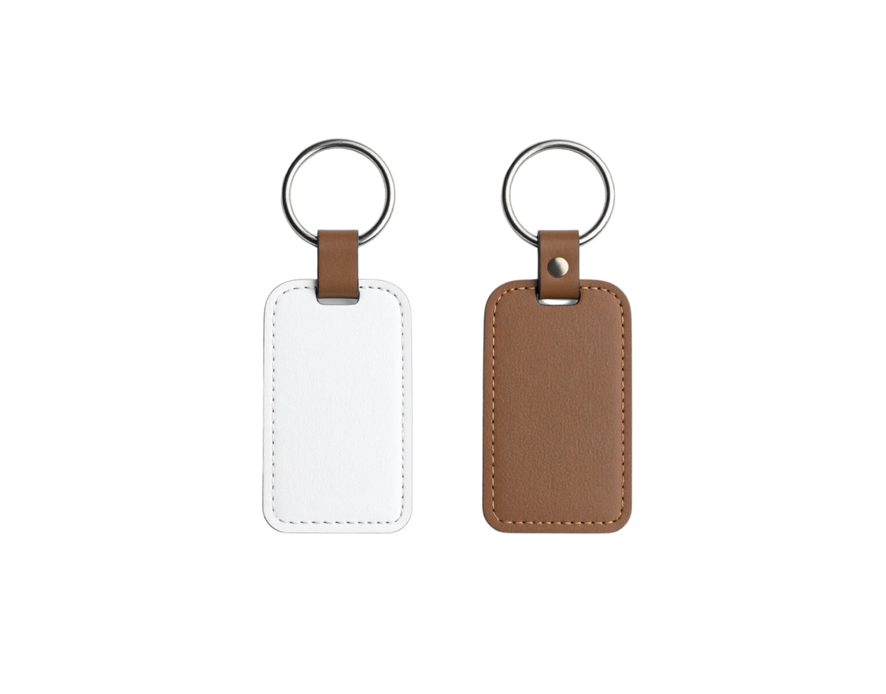Pair of Blank Leather Keychains with Metal Rings White and Brown. png